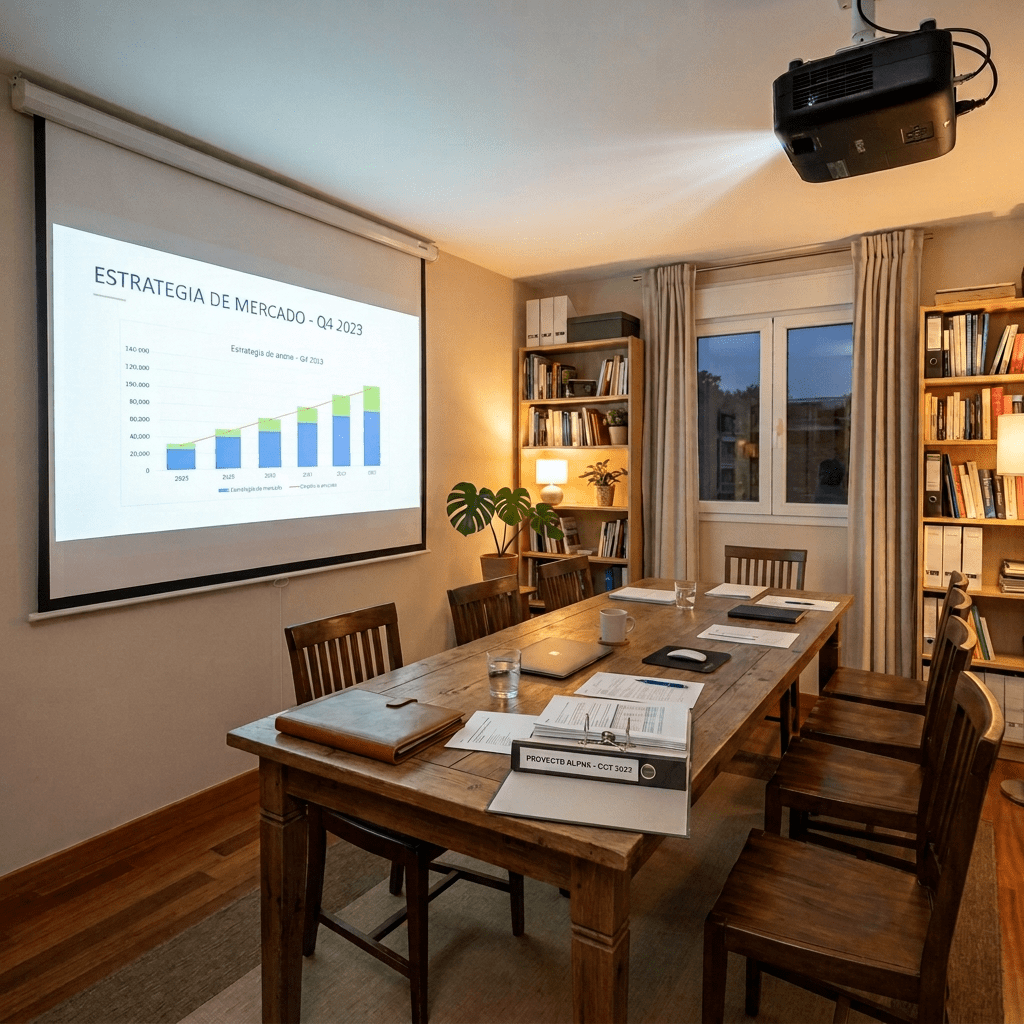 Colleagues reviewing “ESTRATEGIA DE MERCADO - Q4 2023” beside a bar chart
